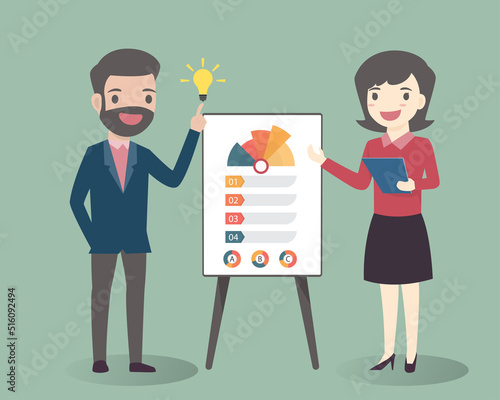 Business Man and woman character discussing diagram report on board. Research of business statistics and finance control. People discuss and make decisions. Presentation, partnership, Brainstorming.
