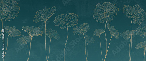 Art background in blue color with lotus leaves in gold line style hand drawing. Botanical banner for wallpaper design, decor, prints, interior design, fabric