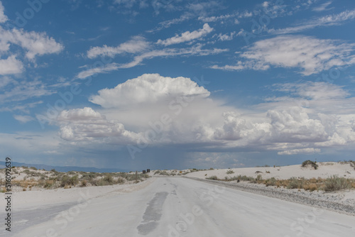 Beautiful gypsum dune vista at the White Sands National Park set against dramatic sky during the monsoon season  Southern New Mexico