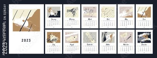 2023 calendar design. Week starts on Sunday. Calendar design 2023. Editable calender page template A4, A3. Abstract artistic vector illustrations. Pastel background. Set of 12 months.
