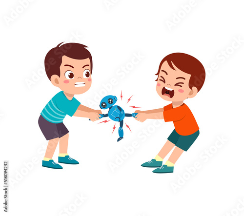 little kid pulling toy with friend and feel angry