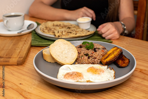 Bild auf Leinwand Gallo pinto costa rica traditional breakfast with black coffee and tortillas