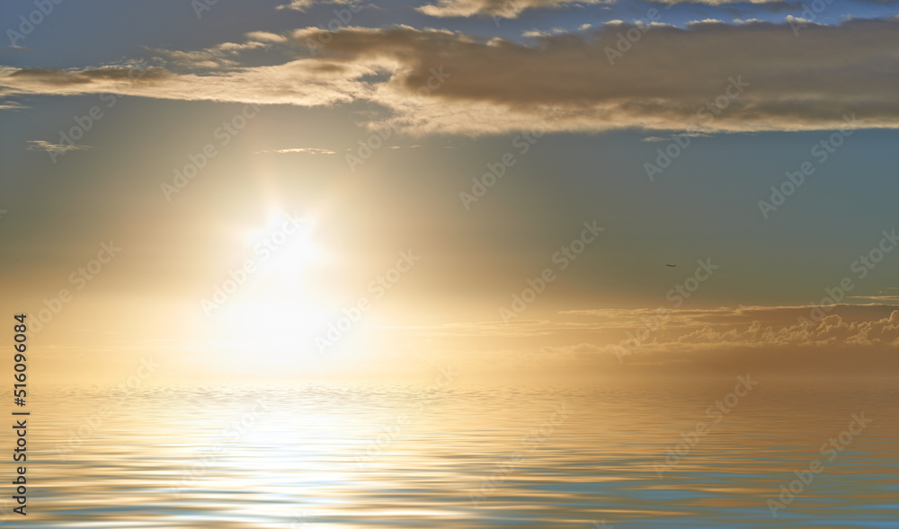 Sunrise on the horizon, light rays shining on calm ocean water with copyspace. Peaceful harmony and fresh air, details of ripples and patterns on water surface. Beautiful sunset over soft blue waves