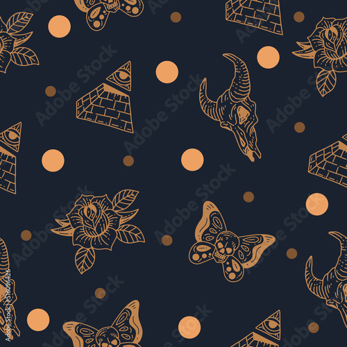 skull dead decoration seamless pattern random lite cream object wallpaper with design very dark blue.