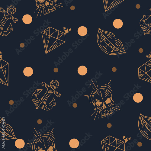 skull dead decoration seamless pattern random lite cream object wallpaper with design very dark blue.