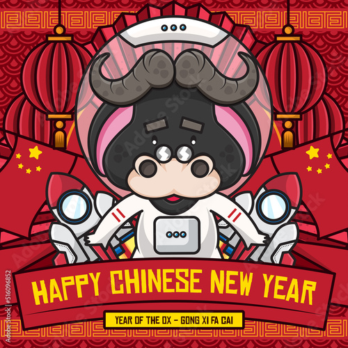 Happy chinese new year social media poster template with cute cartoon character of ox wearing astronaut costume