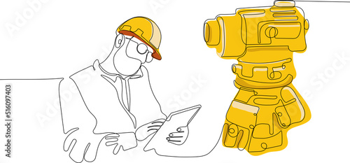 Close up of young Caucasian worker with helmet on head using tablet for work while standing in warehouse. Surveyor with a tripod icon. Geodesic tripod. Vector illustration