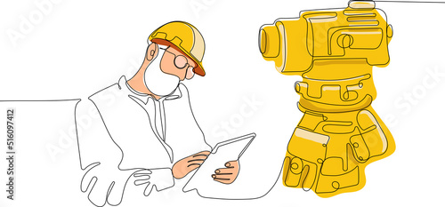 Close up of young Caucasian worker with helmet on head using tablet for work while standing in warehouse. Surveyor with a tripod icon. Geodesic tripod. Vector illustration