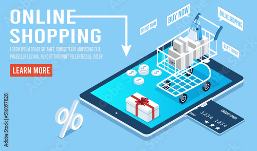 Shopping online concept for website, mobile application, web banner, info graphics or discount coupons. Vector illustration EPS 10