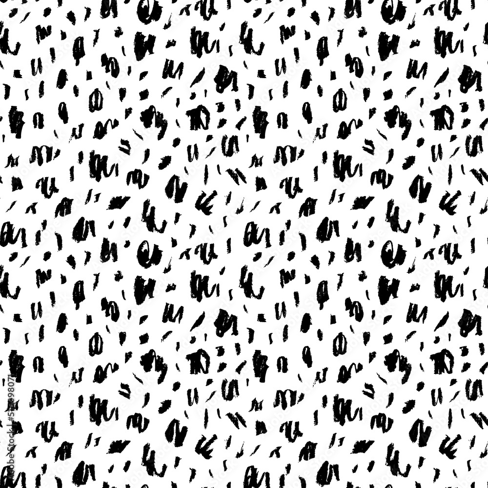 Seamless pattern with charcoal blots and strokes. Black painted different dots. Chaotic ink brush scribbles decorative texture. Messy black pencil doodles. Speckles of different size texture. 