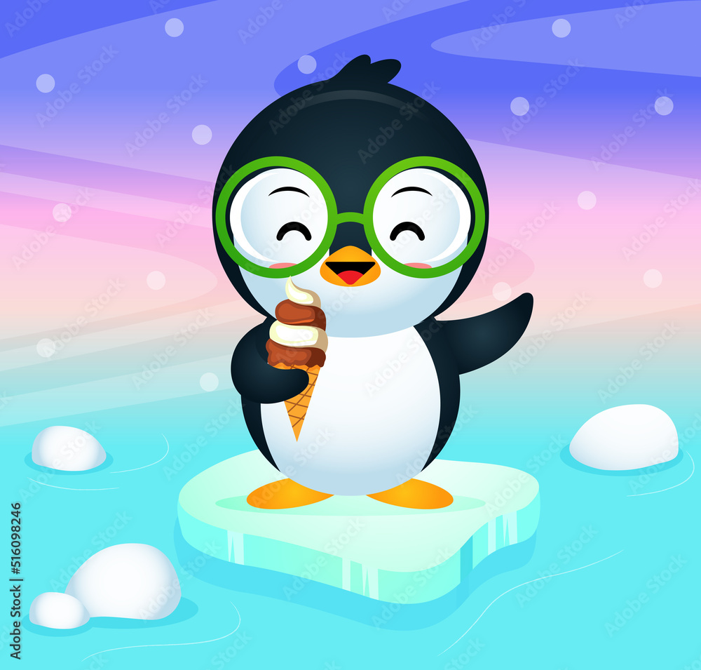 Naklejka premium Happy Cute Penguin Eat Ice Cream