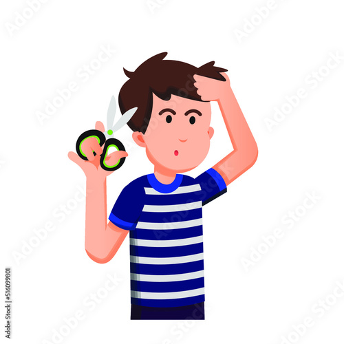 a boy trying to cut his own hair