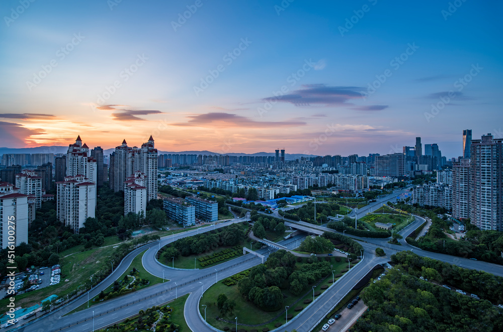 Modern city sunset skyline view, Shanghai, China
