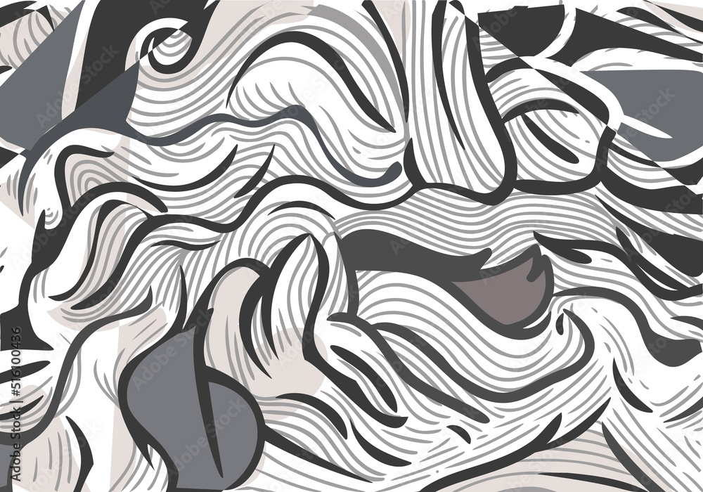 Abstract background of gray curves, wavy lines and spots. Composition in the form of a chaotic arbitrary pattern. EPS 10, vector illustration.