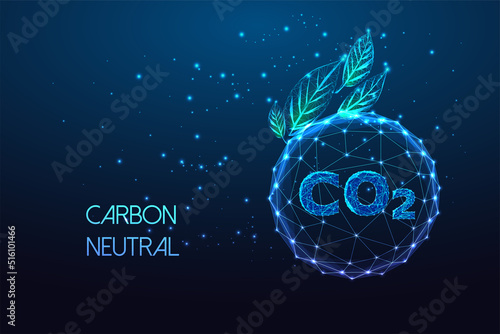 Carbon neutral, net zero emission concept with CO2 inside of sphere and green leaves on dark blue