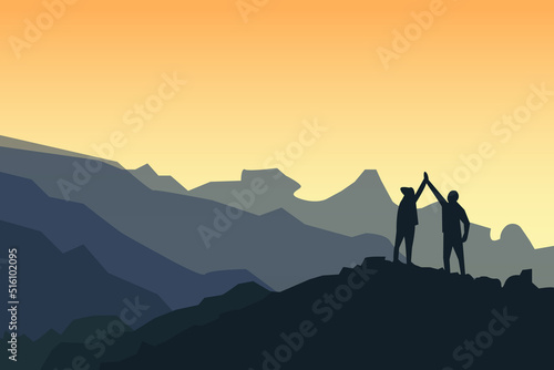 silhouette hiker success in mountains. climbers celebrate with hands up, help each other on top of mountain, sunset landscape. Teamwork concept