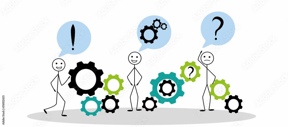The concept of teamwork, partnership, pictogram of people, gears, question marks and exclamations isolated on a white background The concept of teamwork, partnership, pictogram of people, gears, question marks and exclamations isolated on a white background