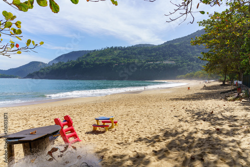 Paisagem da praia de Toque Toque em São Sebastião, litoral norte de São Paulo. Conceito de viagem e turismo. 