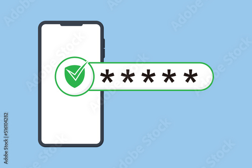Illustration of smartphone and security. password field design concept open successfully