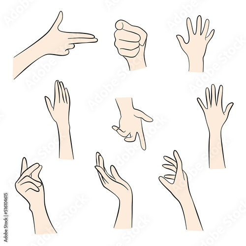 Hands set elements pose with base skin color. Make a symbolic gesture gun, spread out hand, point, flick your finger, giving blessing. Vector illustration.