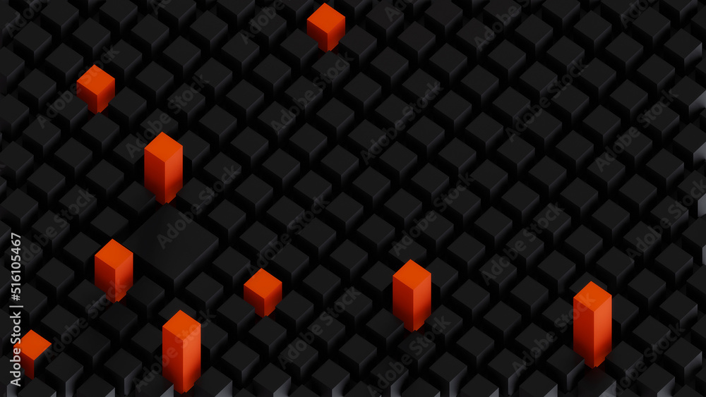 3d dark black and orange background with unbalanced squares in ...