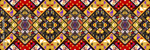 Ethnic carpet with geometric mosaic aztec style stripes on tile. majolica Antique interior,modern rugs,geographic print on kente clot textile.Tribal vector ornament seamless african pattern.multicolor