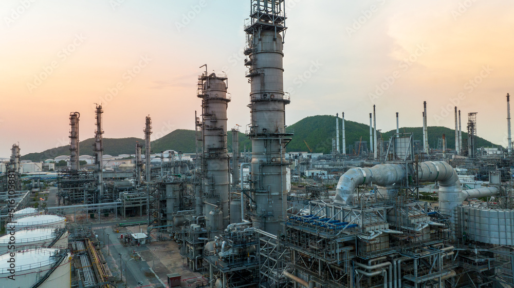 Oil Refinery and Equipment Prodiction import export Concept, Crude Oil Refinery Plant Steel Pump Pipe line and Chimney and Cooling tower, Chemical or Petrochemical Factory plant power plant , industry