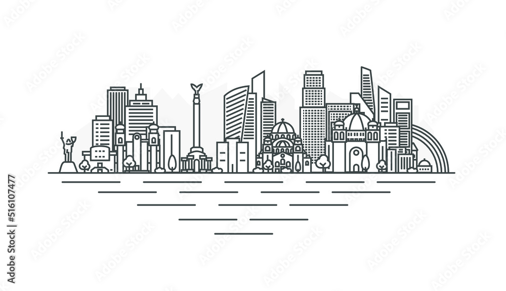 Kyiv city, Ukraine architecture line skyline illustration. Linear vector Kiev cityscape with famous landmarks, city sights, design icons. Landscape with editable strokes.