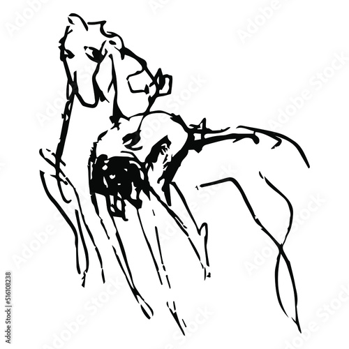 Horse with wounded rider. Killed human equine with arrow in his back. Hand drawn linear doodle rough sketch. Black silhouette on white background.