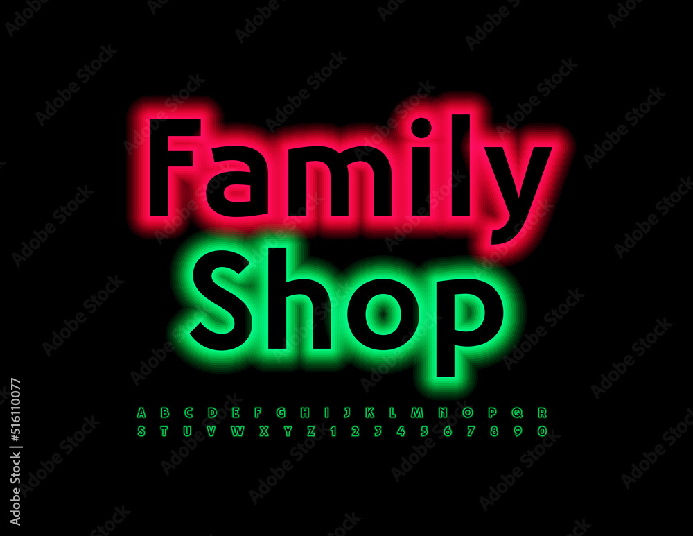 Vector business sign Family Shop with Neon Green Font. Glowing Alphabet Letters and Numbers set Vector business sign Family Shop with Neon Green Font. Glowing Alphabet Letters and Numbers set
