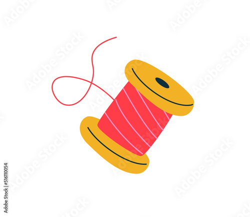 Red sewing thread spool vector illustration. Polyester sewing machine thread for a seamstress hand drawn icon, symbol of crafts and sewing
