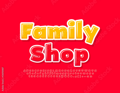 Vector colorful flyer Family Shop. Bold 3D Font. Red glossy Alphabet Letters and Numbers