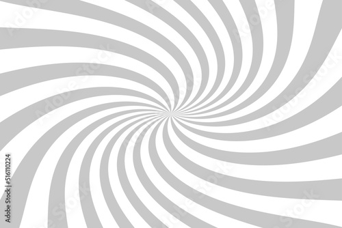 Psychedelic spiral with radial grey rays. Swirl twisted retro background. 
