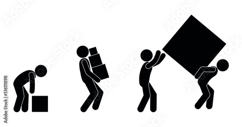 loader icon, man carries boxes, cargo delivery illustration, stick figure human silhouette