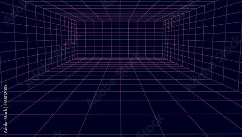 Futuristic digital grid box dark background. Wireframe room network abstract technology line. Vector illustration.