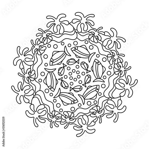 Sea mandala Coloring page. Anti stress coloring book for adult and children . Monochrome Vector illustration.