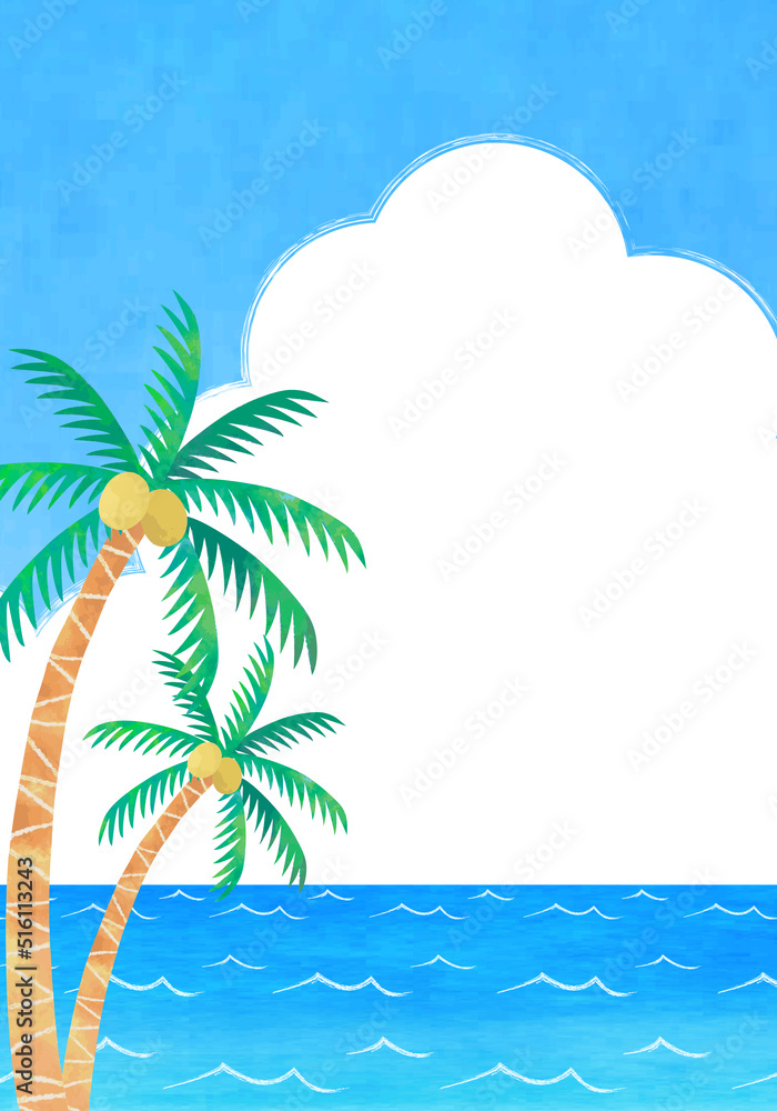 夏の海とヤシの木の手描き水彩イラスト　背景素材 