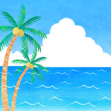 夏の海とヤシの木の手描き水彩イラスト　背景素材
