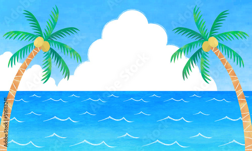 夏の海とヤシの木の手描き水彩イラスト　背景素材