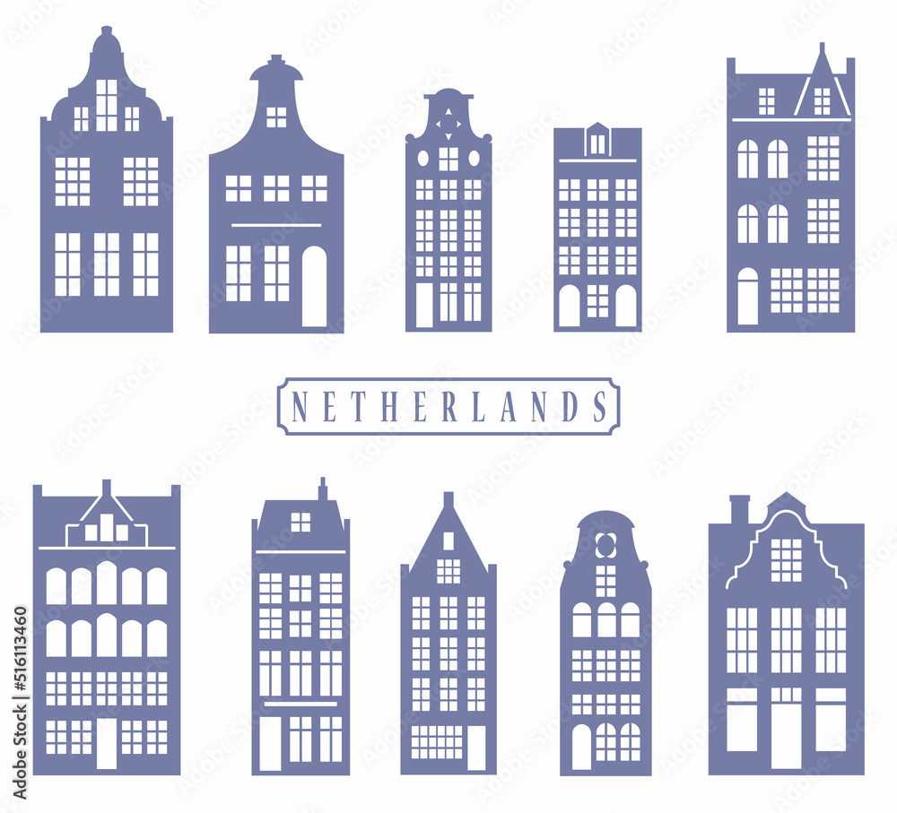 Silhouette of a row Amsterdam houses. Facades of European old buildings decoration. Holland homes. Vector set for laser cut