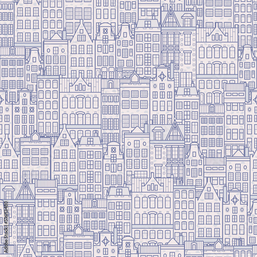 Old european city. Holland houses facades in traditional Dutch style. The Decorative Architecture of Amsterdam. Seamless pattern. Background