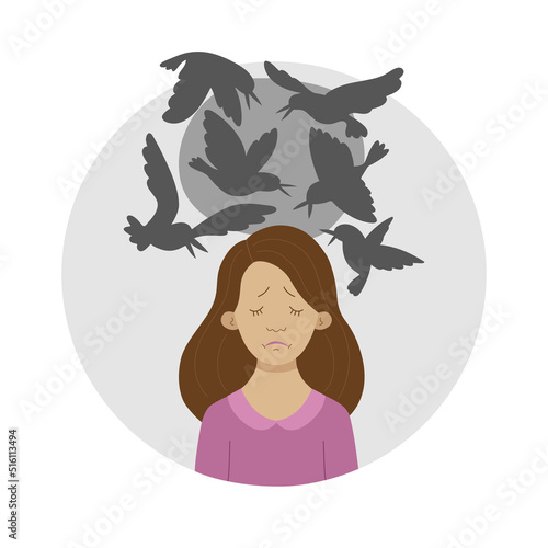 Suffering woman experiences headache and anxiety, suffers from mental problems. The girl is struggling with emotional burnout and depression. Healthcare. Vector illustration.