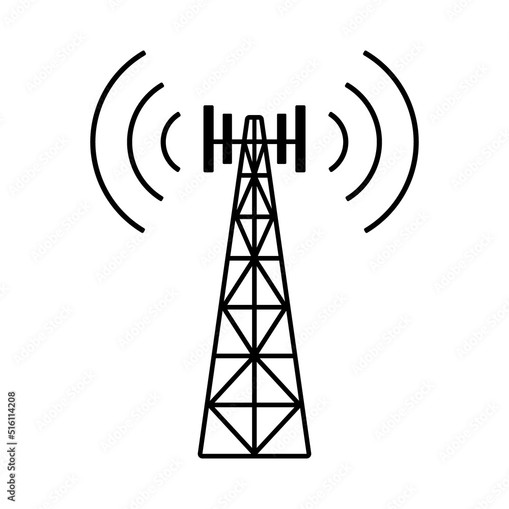 Telecom tower icon. Radio broadcast transmission, telecommunication mast, fm  pictogram, 5g electromagnetic. Telephone satellite station. Black  silhouette, vector graphic illustration Stock Vector | Adobe Stock