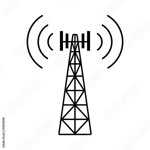 Telecom tower icon. Radio broadcast transmission, telecommunication mast, fm pictogram, 5g electromagnetic. Telephone satellite station. Black silhouette, vector graphic illustration