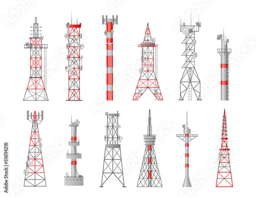 Telecommunication tower. Mobile and radio signal by antenna, network communication, 5g mast, telephone and television satellite station. Internet technology. Vector design isolated set