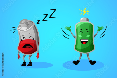 Battery cartoon characters. Full and low energy power. Happy and sad charger comic creatures, strength electricity, smart fun icons. Smartphone energy symbol. Vector graphic design