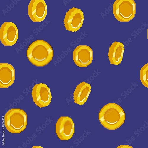 Game gold coin pattern. 8bit arcade pixel background. Abstract retro old icons. Falling golden cash money. Gaming asset. Metal tokens. Wealth and financial profit. Vector seamless print