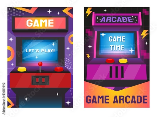 Arcade game machine background. Retro 80s console with pinball logo. 90s screen banner or flyer. Nostalgia leisure. Gaming electronic equipment set. Play device. Vector poster illustration