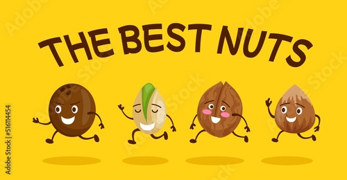 Funny nut characters. Animation snacks. Children comic caricatures with nutshell and seeds. Coconut or pistachio. Cartoon walnut and hazelnut. Happy faces. Vector illustration poster