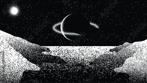 Star and planet in space. Futuristic landscape, with noise texture . Night landscape with starry sky .Vector illustration